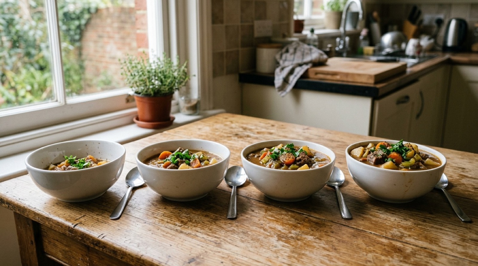 Four bowls of the same beef stew filled to noticeably different levels