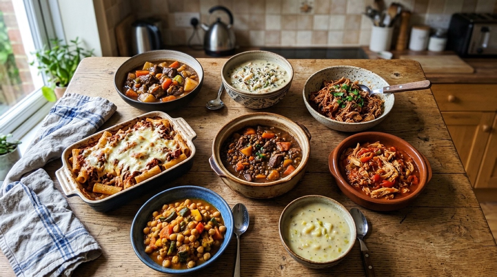 Eight finished slow cooker dinners in different bowls and dishes seen from above