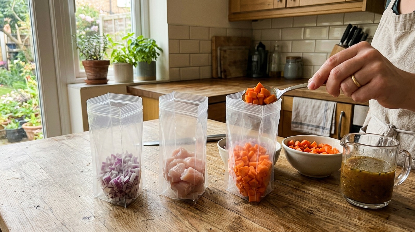 Open freezer bags being filled from bowls of chopped vegetables and meat