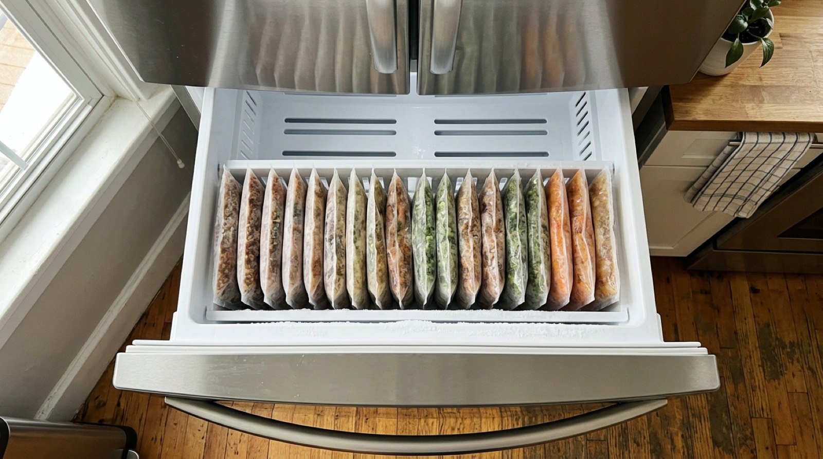 Freezer drawer with flat meal bags standing on edge like books