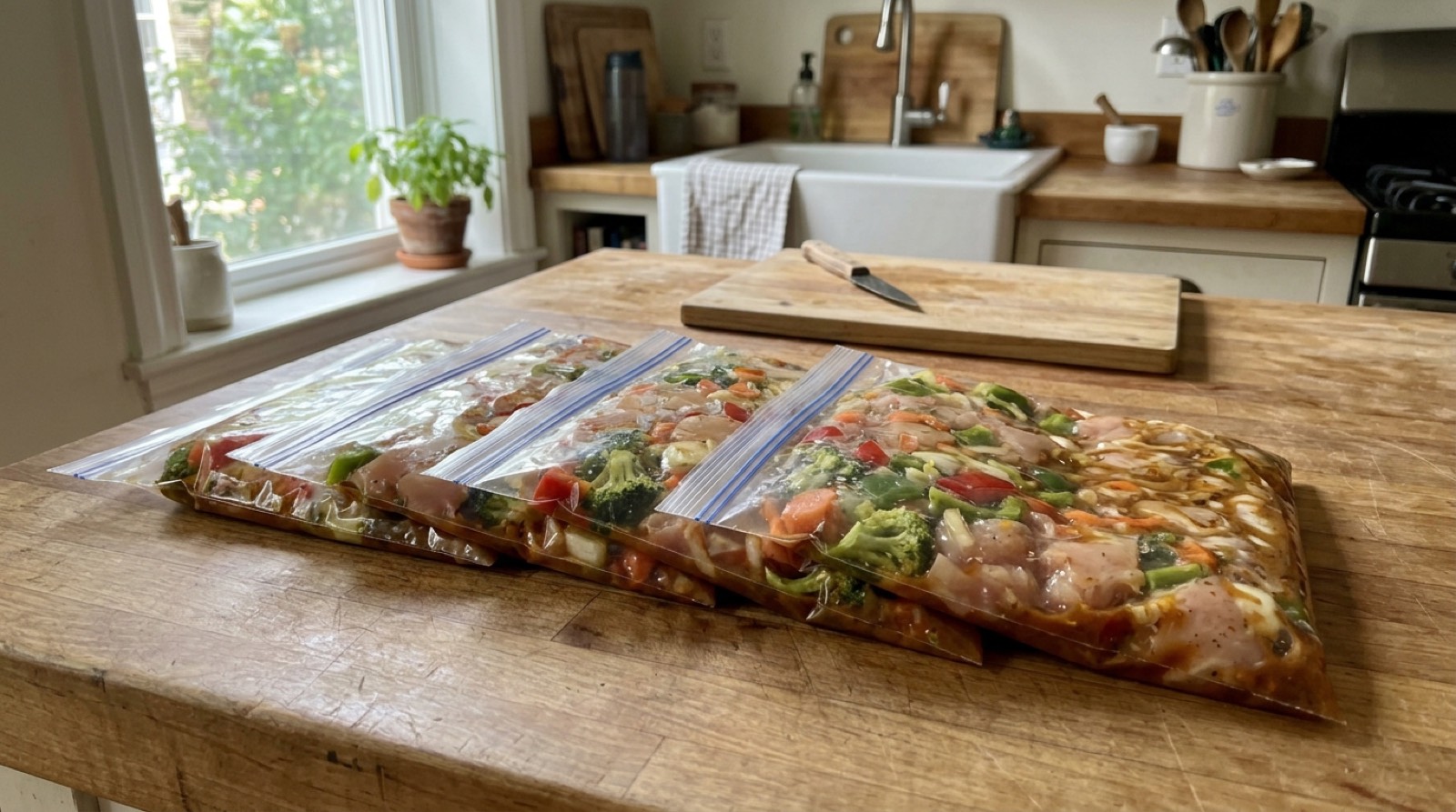Four flat frozen meal bags stacked on a wooden counter