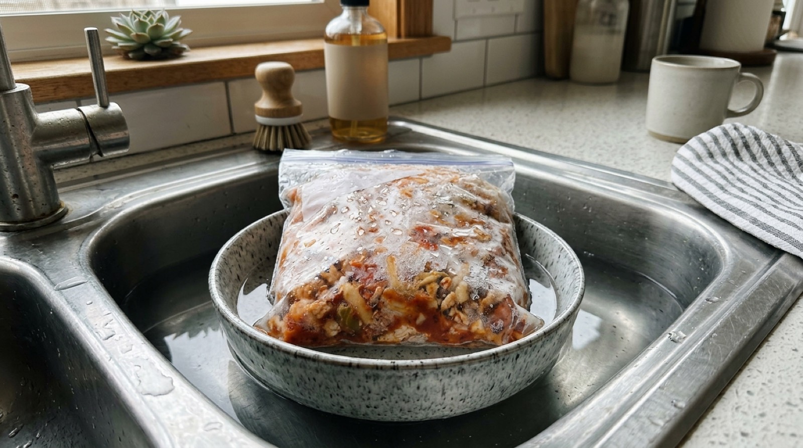 Frozen flat meal bag thawing in a sink of cold water