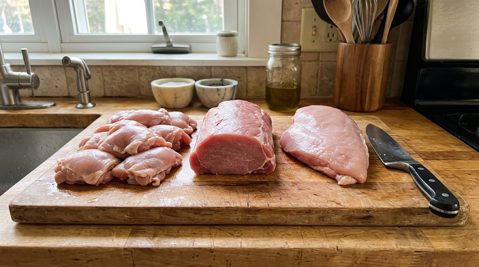 Three lean raw cuts on a board, a turkey breast, a pork loin and skinless chicken thighs