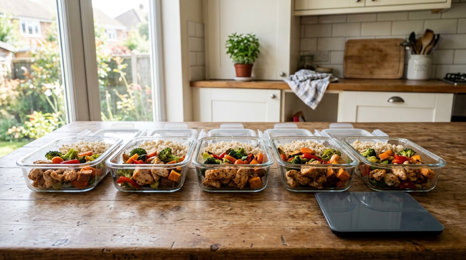 Five glass containers in a row filled with equal portions of chicken, vegetables and rice, a kitchen scale beside them