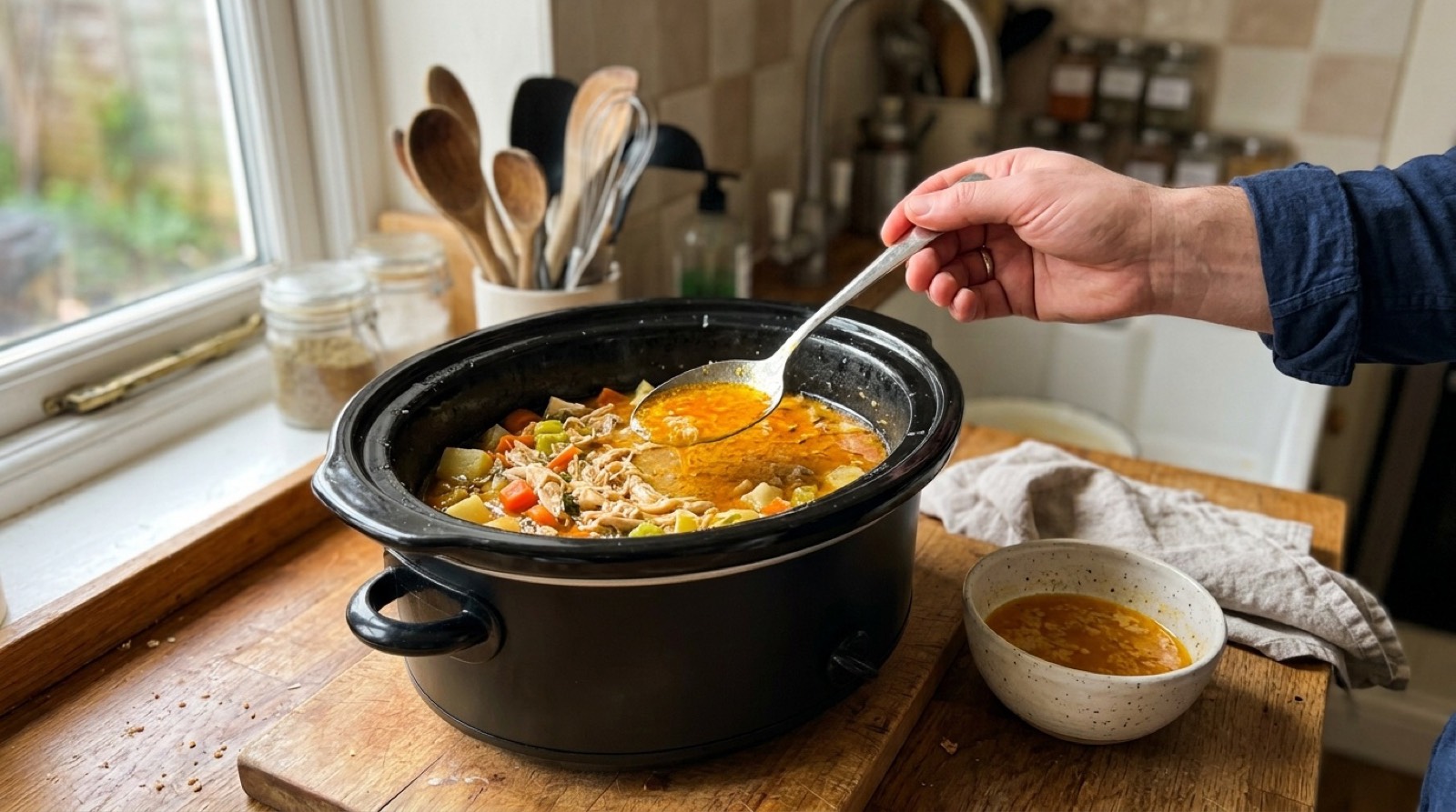 A spoon lifting a layer of fat off the surface of a chicken stew in a slow cooker