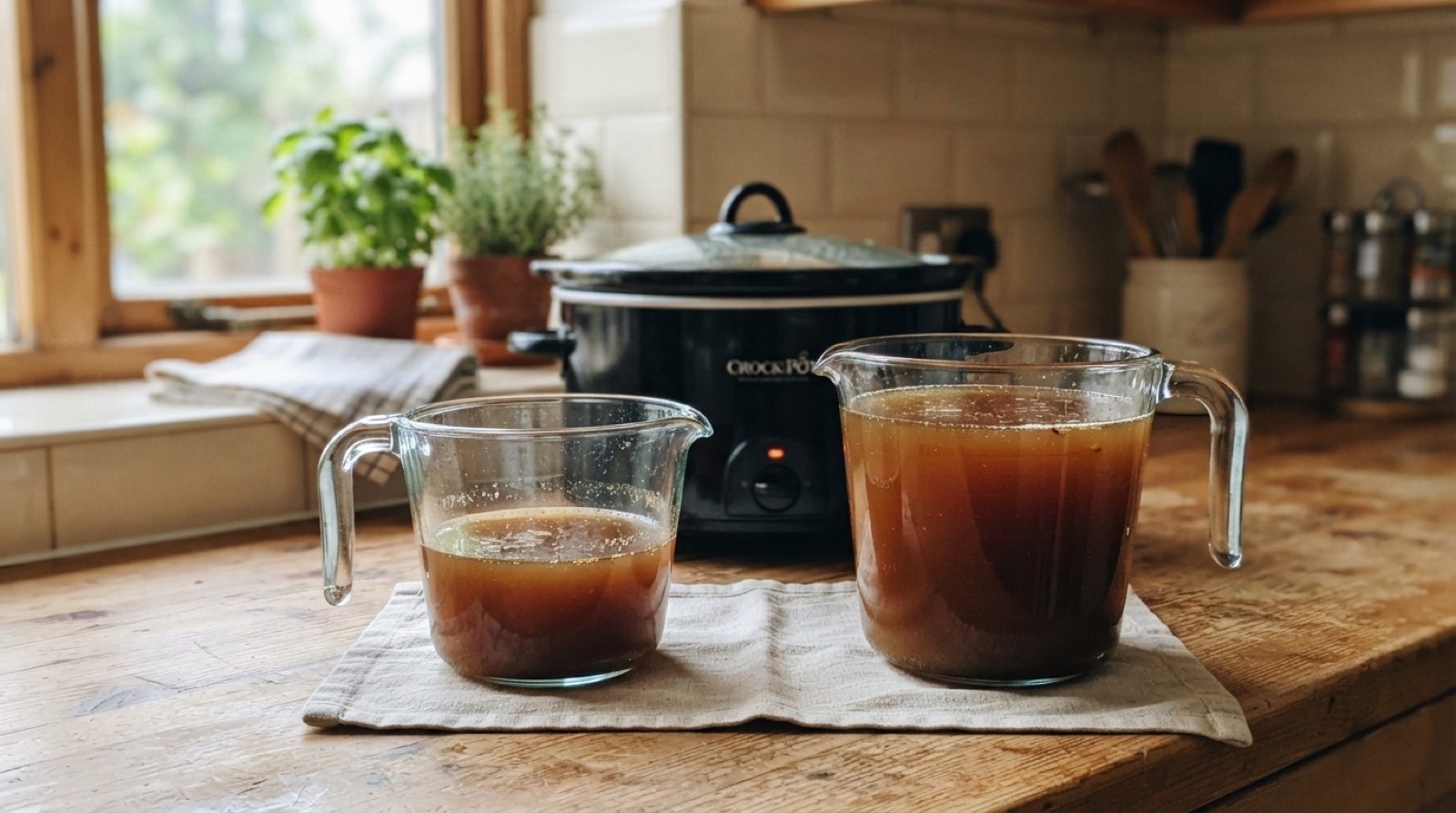 Two glass jugs of stock, one filled a quarter and one filled to the top, beside a slow cooker