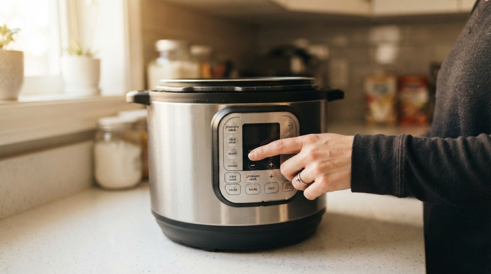 A hand pressing the slow cook button on an electric pressure cooker control panel