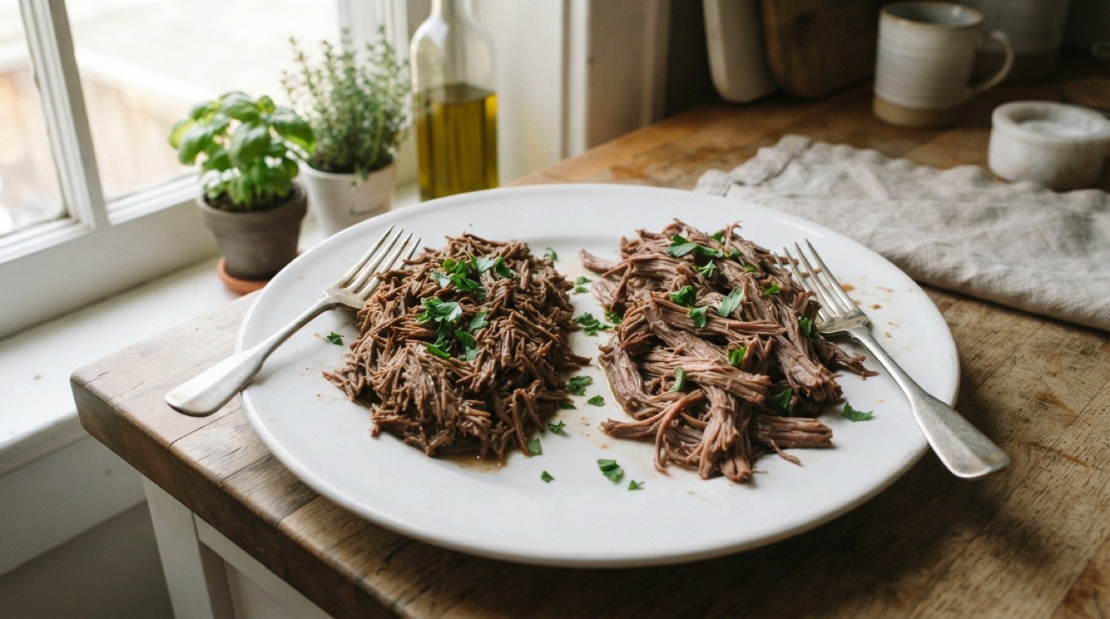 Two portions of shredded beef on one plate, tight short strands on the left and long soft strands on the right