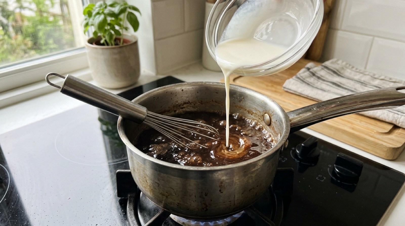 Cornstarch slurry poured into simmering pot roast juices with a whisk in the saucepan