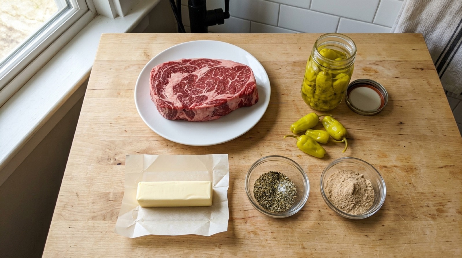 Chuck roast, jar of pepperoncini, butter and two bowls of seasoning laid out on a wood counter