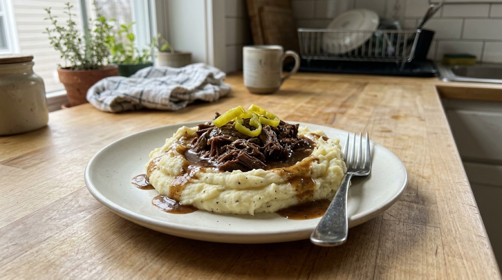 Shredded Mississippi pot roast over mashed potatoes with pepperoncini on top