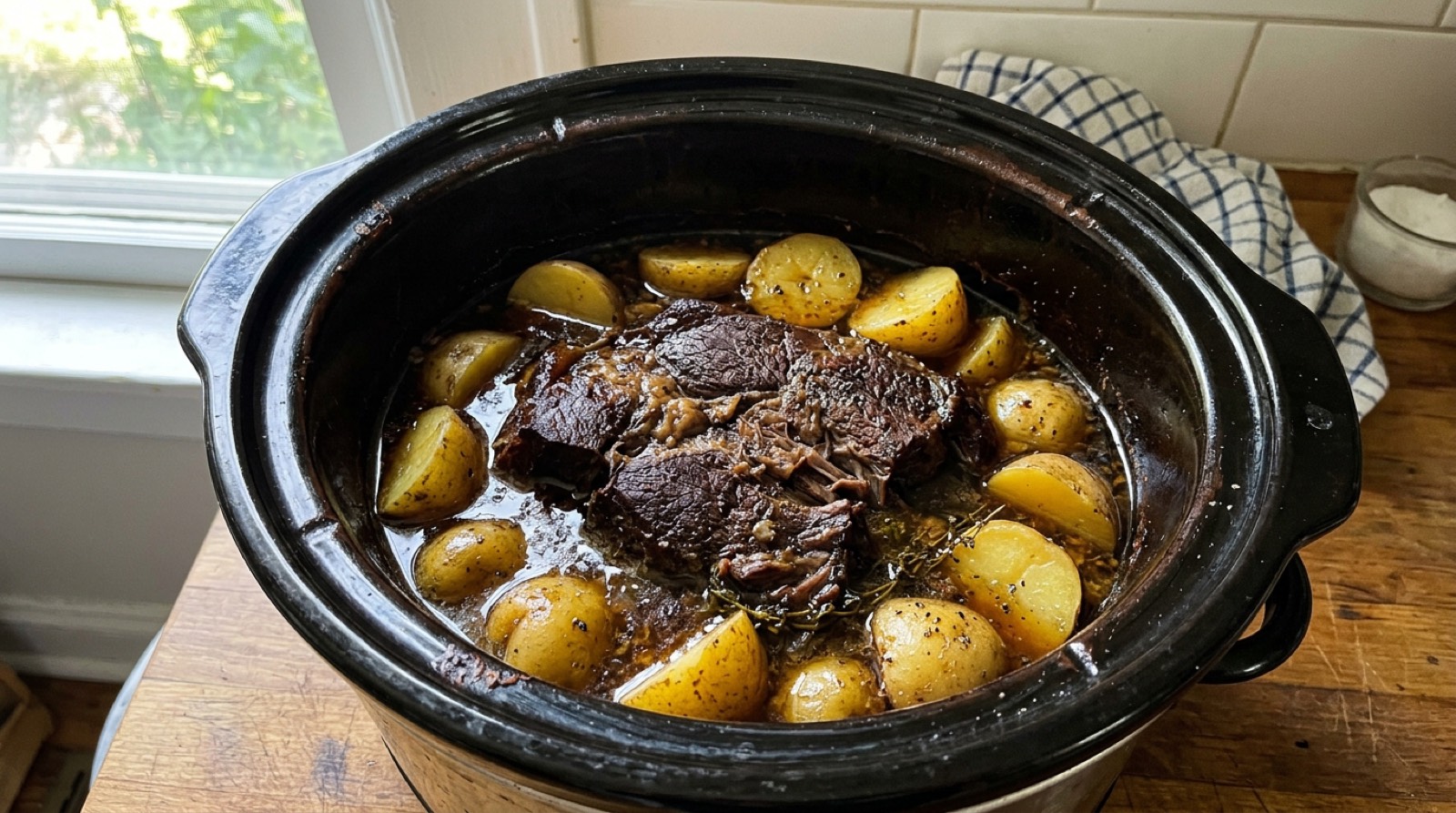 Halved potatoes ringed around a chuck roast in the slow cooker