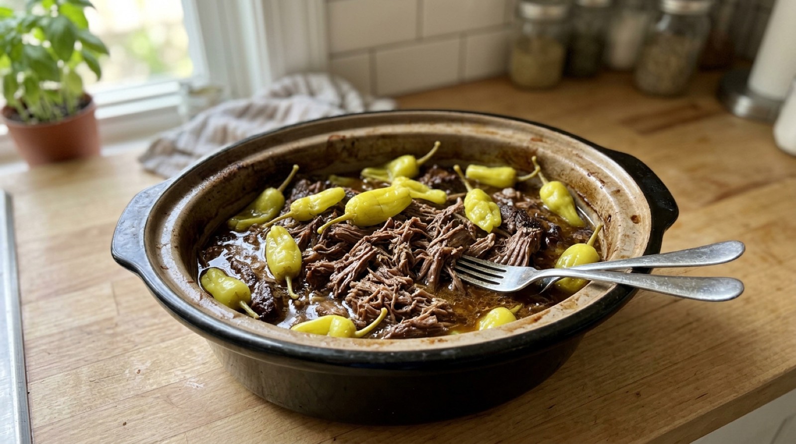 Shredded Mississippi pot roast with pepperoncini and a fork in the slow cooker
