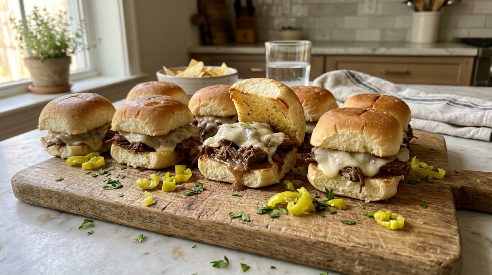 Six Mississippi pot roast sliders with melted cheese on a wooden board