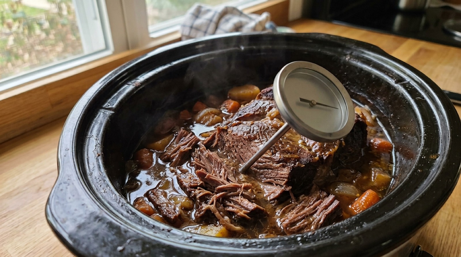 Dial thermometer pushed into the centre of a beef roast inside a slow cooker