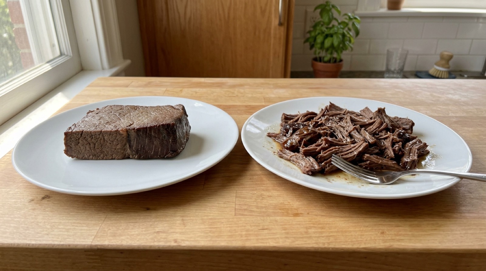 Two plates side by side: an intact slab of pot roast and the same roast pulled into shreds