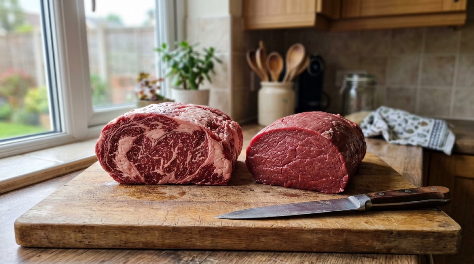 Two raw beef roasts on a board: a heavily marbled chuck and a lean round