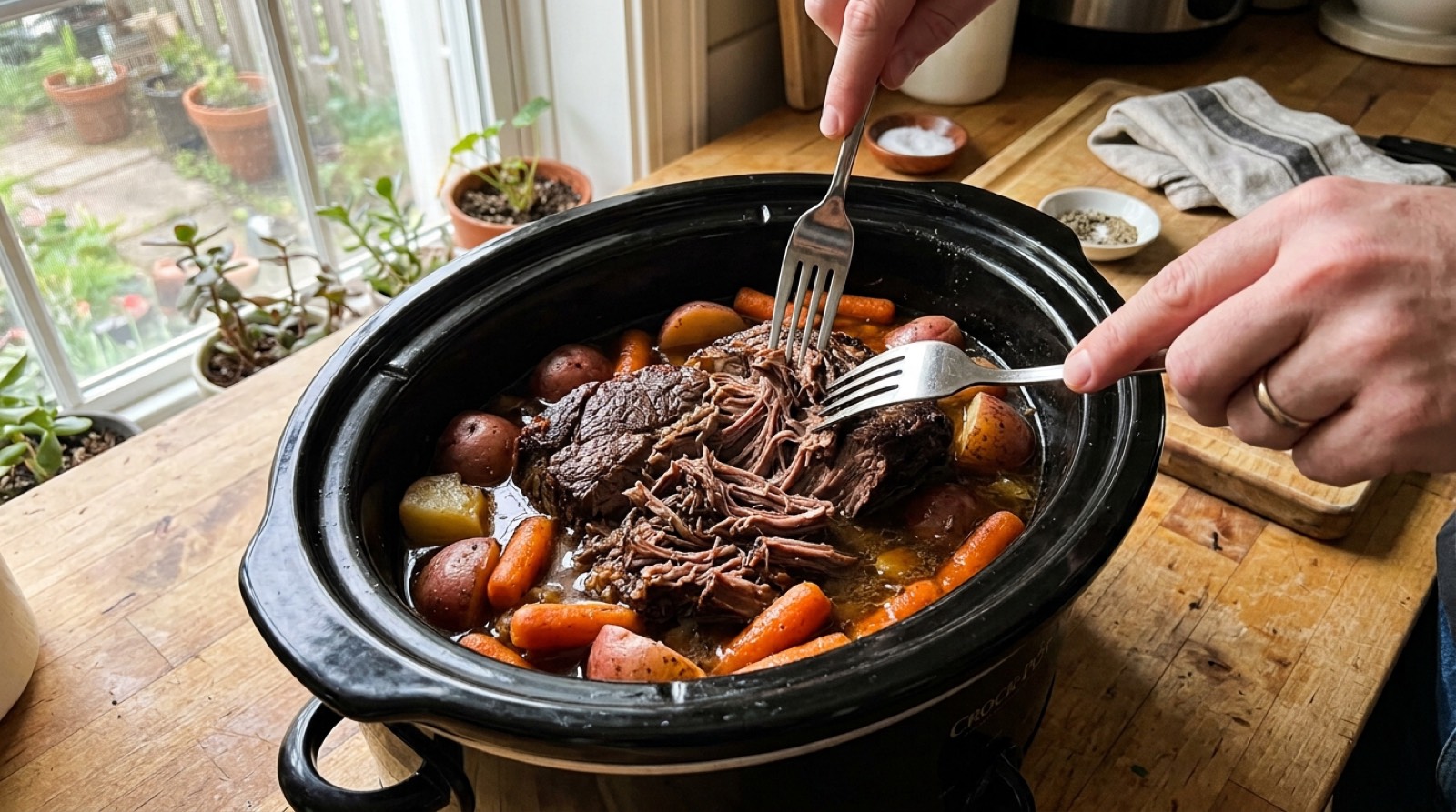 Two forks pulling a cooked pot roast apart in the slow cooker