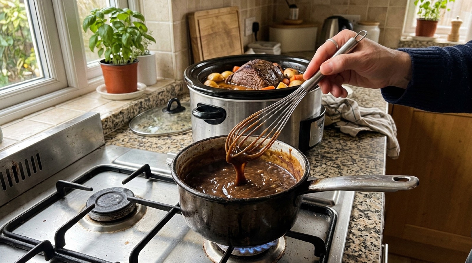 A whisk lifting thickened gravy in a saucepan beside a slow cooker holding a pot roast