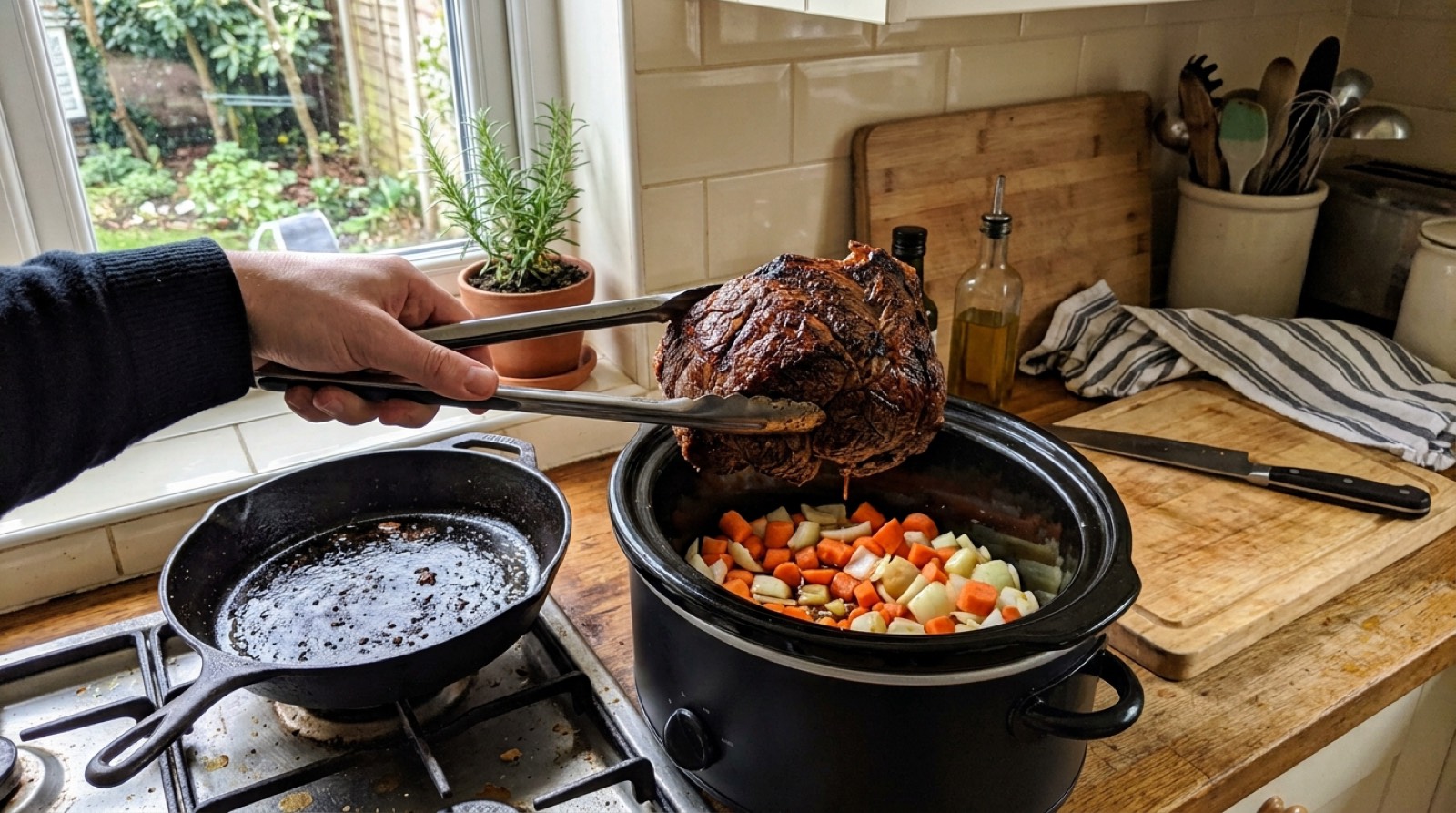 Tongs lowering a seared beef roast onto chopped vegetables in a slow cooker