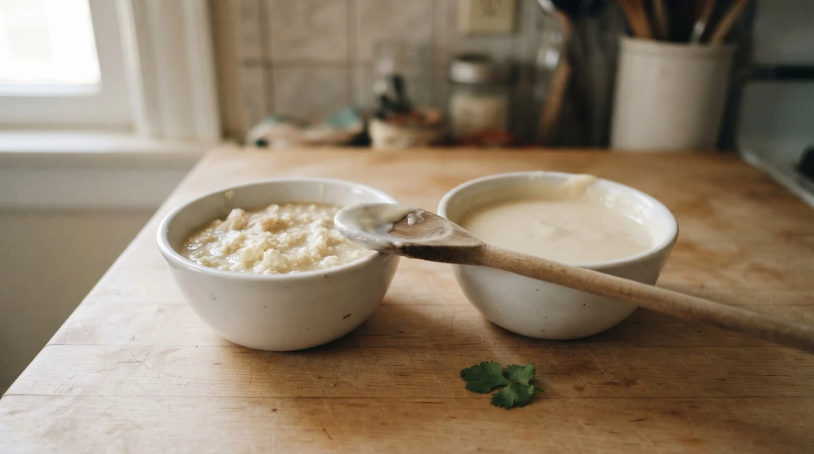 Two bowls of white chicken chili sauce side by side, left one curdled and grainy, right one smooth and glossy