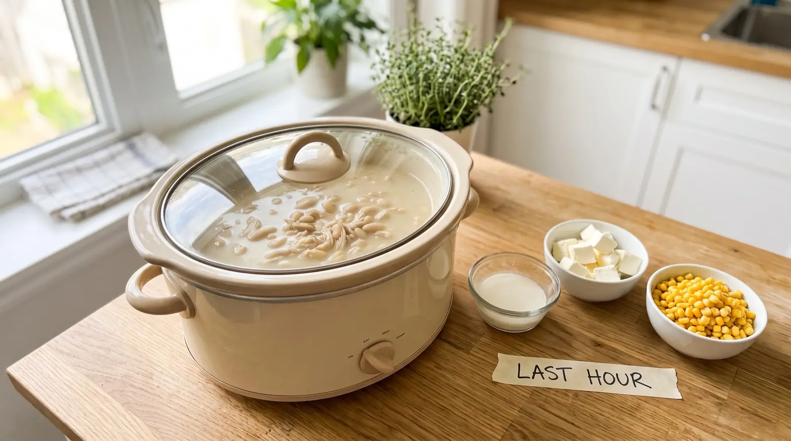 Slow cooker of broth, white beans and shredded chicken, with bowls of cornstarch slurry, cream cheese and corn set aside under a LAST HOUR label