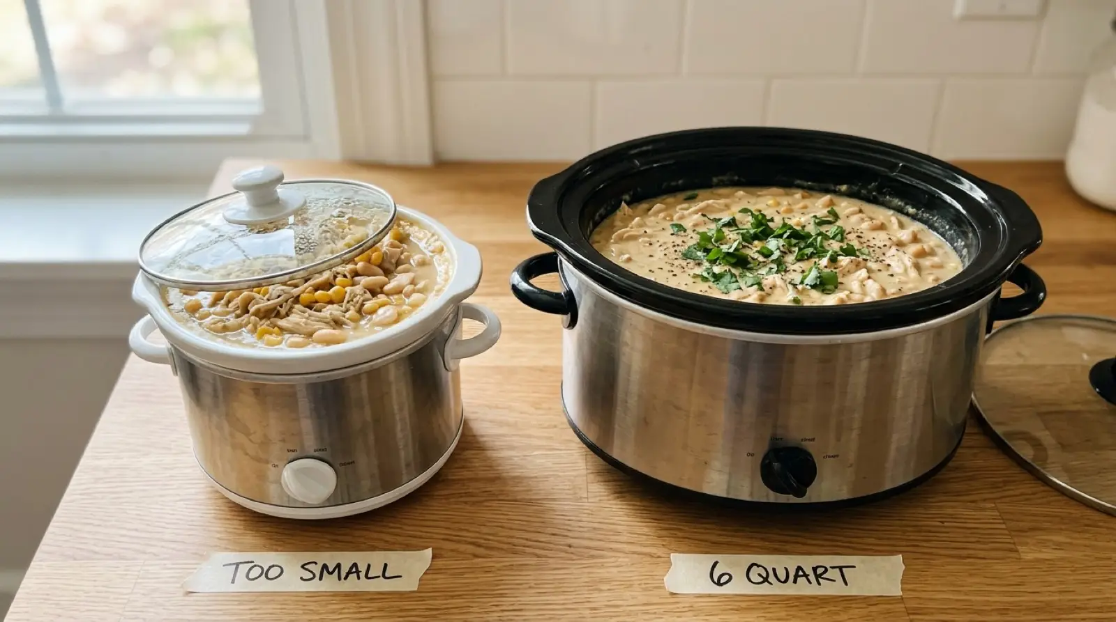 A small slow cooker of white chicken chili filled to the rim beside a 6 quart slow cooker filled two thirds, labelled TOO SMALL and 6 QUART