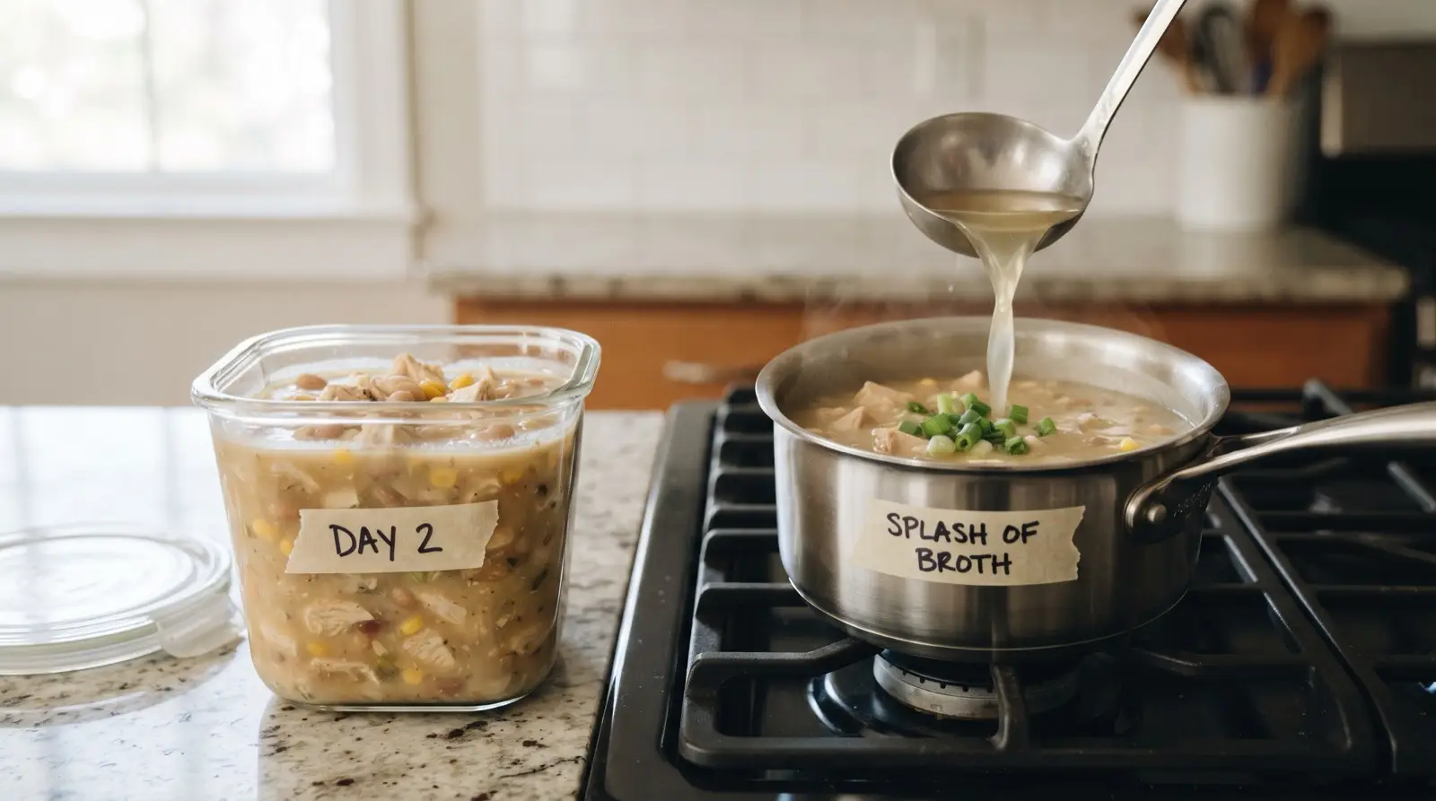 Glass container of day-old white chicken chili beside a saucepan of the same chili loosened with a ladle of broth, labelled DAY 2 and SPLASH OF BROTH