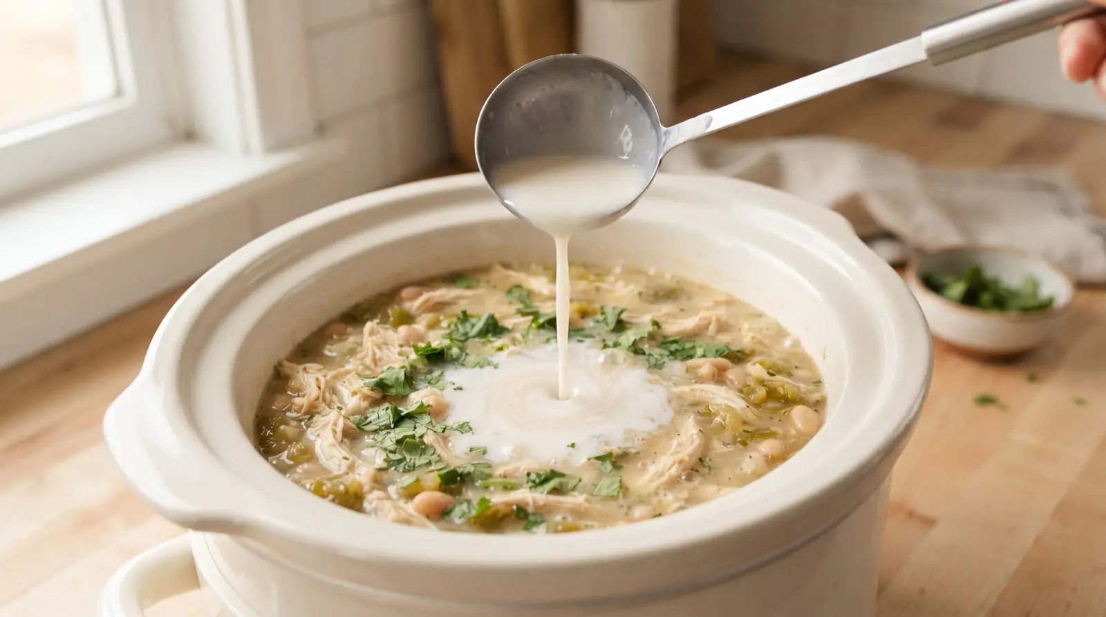 Ladle pouring cornstarch slurry into a slow cooker of white chicken chili with shredded chicken, white beans and green chiles